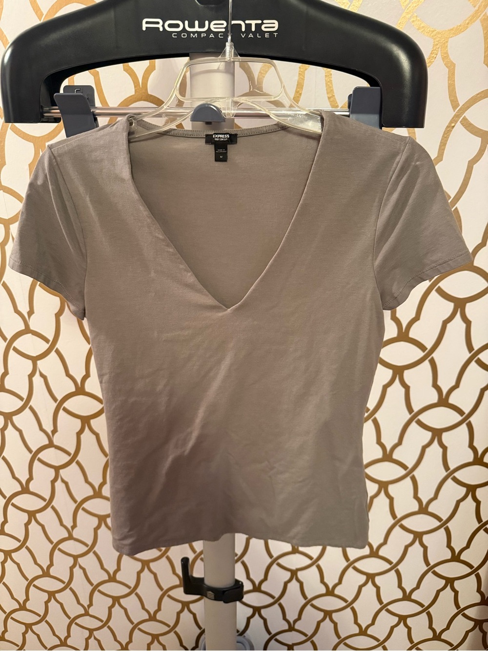 Express Body Contour Taupe/Green V-Neck Short Sleeve Tee